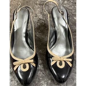 Naturalizer Womens Lina Faux Patent Leather Bow Slingback Heels Black Beige 8.5M